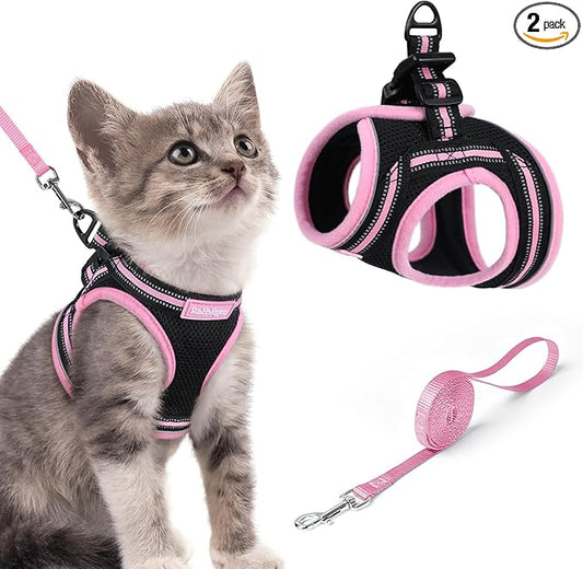 rabbitgoo Cat Harness and Leash Set for Walking Escape Proof, Adjustable Soft Kittens Vest with Reflective Strip for Cats, Comfortable Outdoor Vest, Black & Pink, S