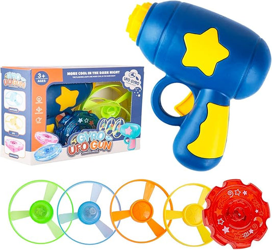 Berry President Flying Saucer Toy, Flying Disc Launch Playset with Rotating Flash Light, Indoor Outdoor Twist Shoot Toy for Kids Aged 3 Years Old & Up (DarkBlue)