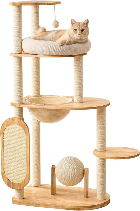 Modern Cat Tree with Scratching Post, Solid Rubber Wood Cat Tree Tower for Indoor Cats with Cotton Nest, Space Capsule, Cat Scratching Ball and Board