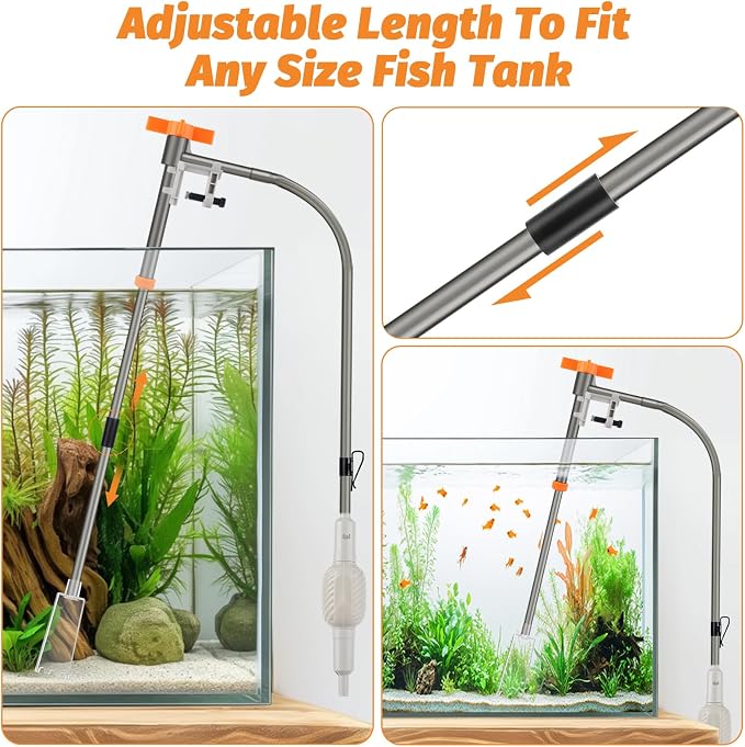 AQQA Aquarium Siphon Vacuum Cleaner Kit with 3 Replaceable Heads (M) | Simultaneous Water Changing, Cleaning in Fish Tanks, Gravel and Sand Cleaning (M)