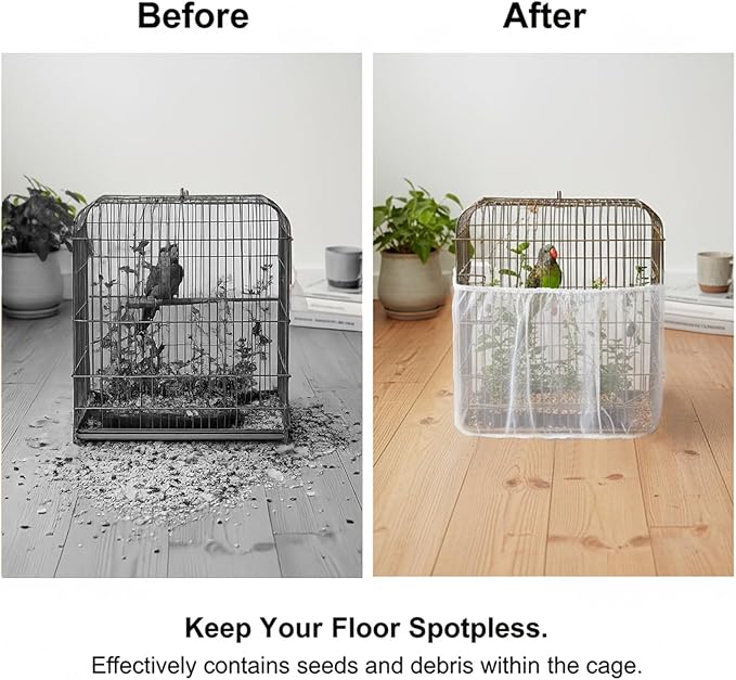 Bird Cage Net Seed Catcher Net Cove White Adjustable Breathable Mesh Parrot Cage Skirt Guard for Parrot Cockatiel Budgie Fits Round Square Cages
