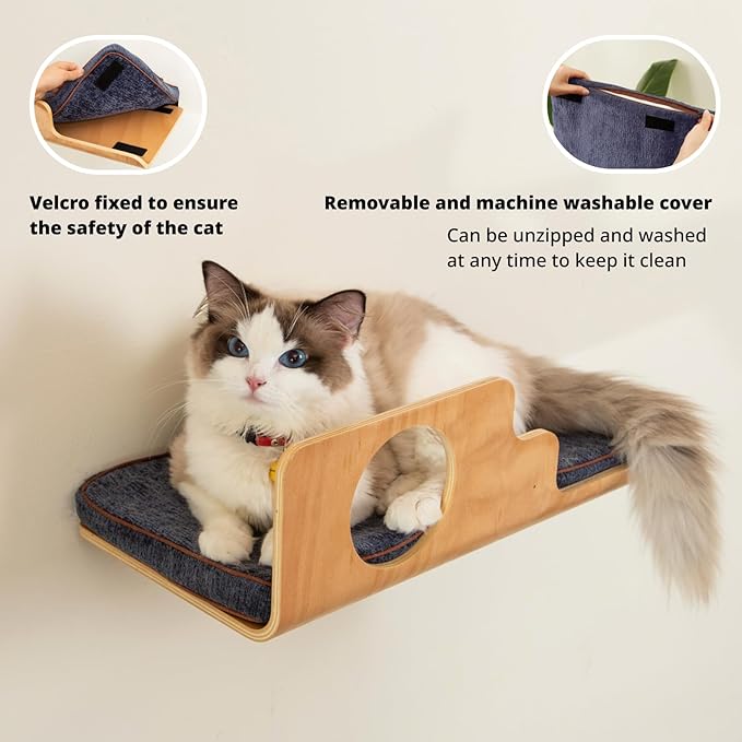 LIORCE Cat Wall Shelves with 2 Steps, Creative Design Cat Shelf with Peephole, 19 x 10 inch Cats Wall Furniture with Comfortable Pad, Cats Perch for Sleeping, Playing, and Scratching.