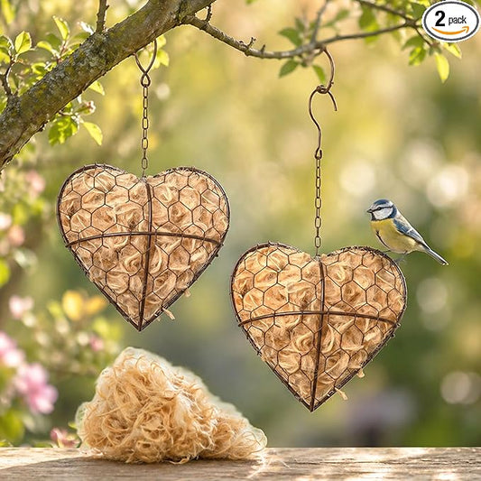 Handmade Fiber Bird Nesting Heart – Natural Nesting Material for Wild Birds, Refillable Jute & Cotton Holder for Garden, Patio & Outdoor Decor (2pcs)