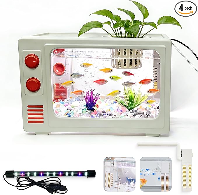 2.5 Gallon Fish Tank Aquarium Kit with LED Lights, Filter & Plant Planter - Retro TV Shaped Design Desktop Water Garden for Betta/Goldfish (White - 2.5 Gallon)