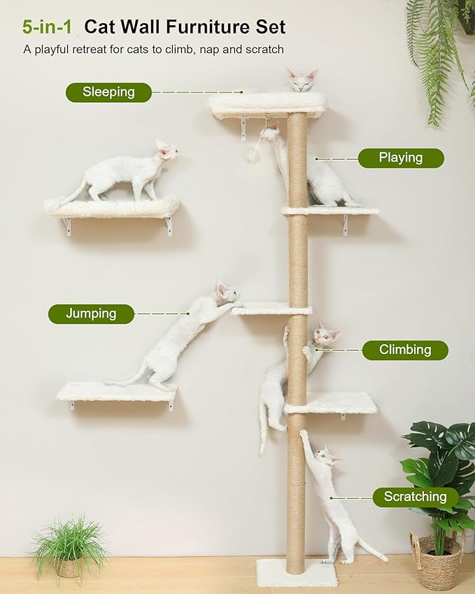 FUKUMARU Cat Wall Shelves Set, 70 Inch Stable Wall Mounted Tree, Kitten Scratching Post with Soft Cushion Perch, Space Saving Climbing Wall Furniture for 16 Inch Drywall - Beige