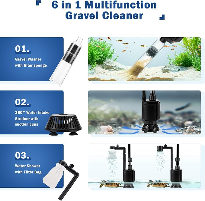 AQQA Electric Aquarium Vacuum Gravel Cleaner, 6 in 1 Fish Tank Vacuum | Automatic Cleaning Tools Kit Water Changer, Multifunction Wash Sand Filter Water Circulation 20W 320GPH 110V
