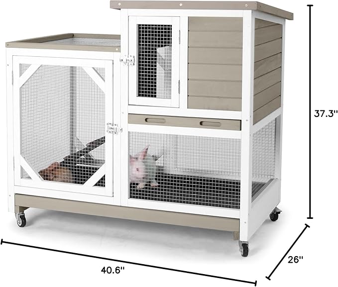 GUTINNEEN Rabbit Hutch Indoor 2 Story with 3 Doors, Outdoor Bunny Cage with Movable Wheels and Easy Clean Trays for Guinea Pig Cage 40.6" L (White and Matcha)