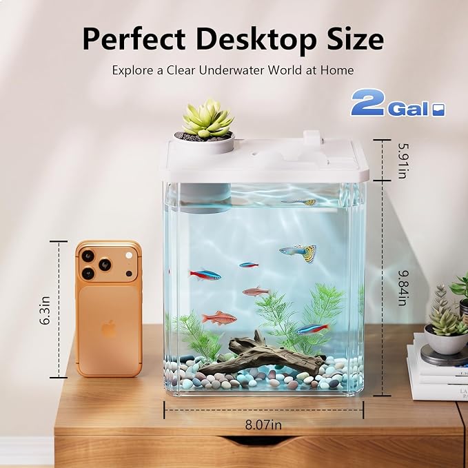 2 Gallon Betta Fish Tank Aquarium Starter Kit with Light and Lid(White) | Premium Acrylic Aquarium with Light and Lid, Crystal Clear Starter Kit for Betta Fish, Shrimp, Snails and Small Fish