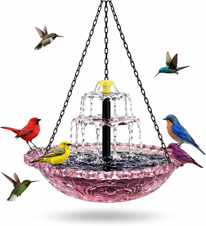 Solar Powered Hanging Bird Bath, Vibrant Blue Multi-Tier Waterfall Fountain for Outside, Easy to Hang Bird Oasis for Garden Decoration, Balcony, for Bird Lovers (Pink)