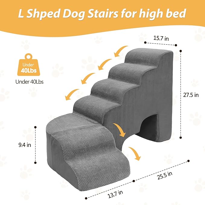 Dog Stairs for High Beds, 6 Steps Soft Foam Pet Stairs for Bed 27-30 inches, L Shaped Dog Steps, Non-Slip Sturdy Pet Stairs, 30D Foam Doggie Ramp for Small/Large Dogs/Old Cats