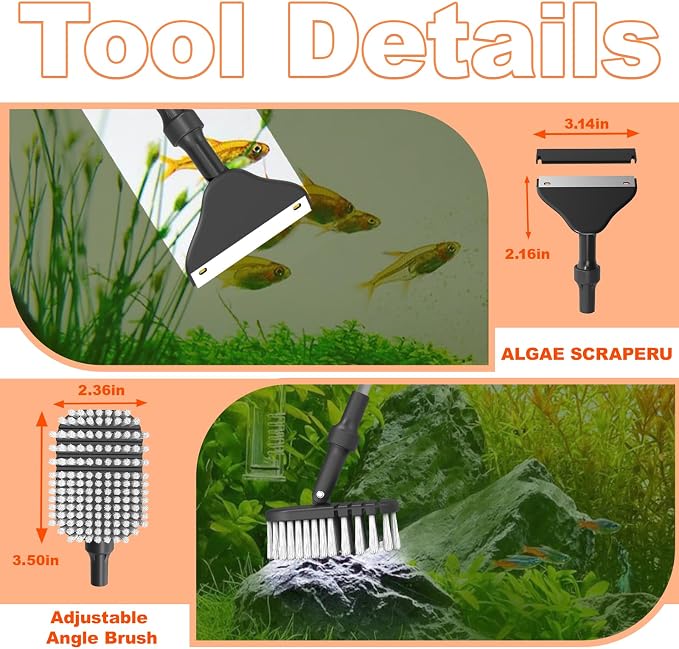 7-in-1 Aquarium Cleaning Tool, Fish Tank Cleaner with Telescopic Handle | Aquariums Scraper,Adjustable Angle Brush,Gravel Rake,Plant Fork, Flat Sponge,Large Fishes Net,Hose Brushes