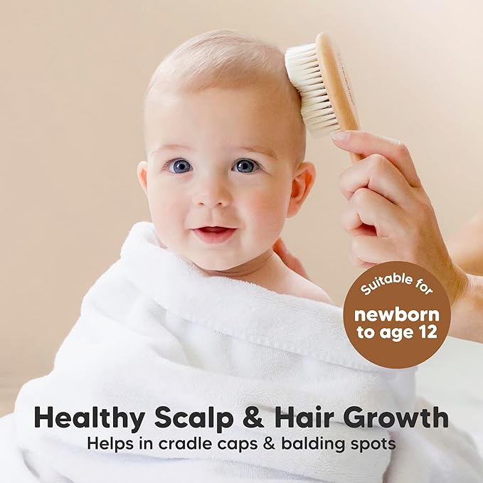 Baby Hair Brush Set for Newborns - Soft Goat Bristle Wooden Baby Brush and Comb Set Newborn Grooming Kit for Cradle Cap, Durable & Gentle, Boy, Girl Infant Essentials Care Kit (Petite, Walnut)