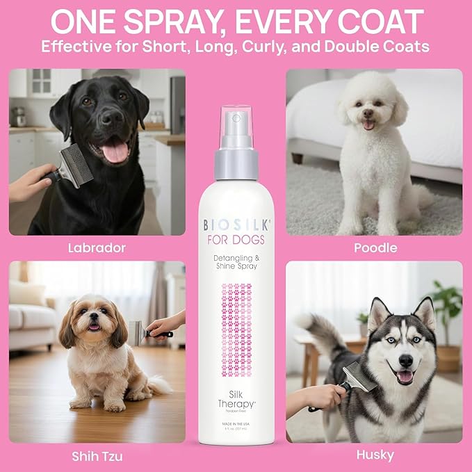 BioSilk for Dogs Silk Therapy Detangling and Shine Protecting Spray, pH Balanced Leave-in Mist with Silk and Vitamins for Dematting, Paraben-Free, All Coats and Breeds, 8 Fl Oz - 6 Pack