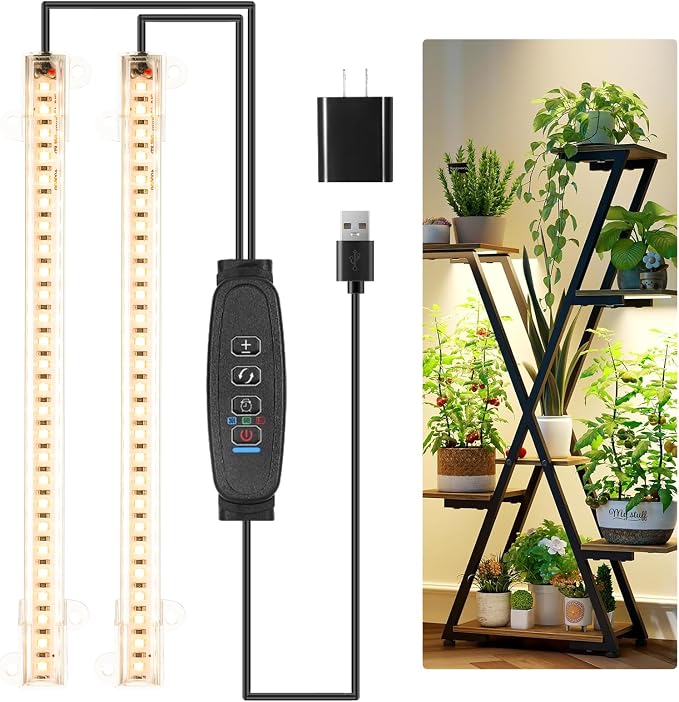 8.6'' LED Grow Light Strips, Full Spectrum 3500K Grow Lights for Indoor Plants, 2 Head with 3/9/12H Timer, 10 Dimmable Levels, Suitable for Seedling, Succulent, Plant Shelf and Greenhouse, 1-Pack