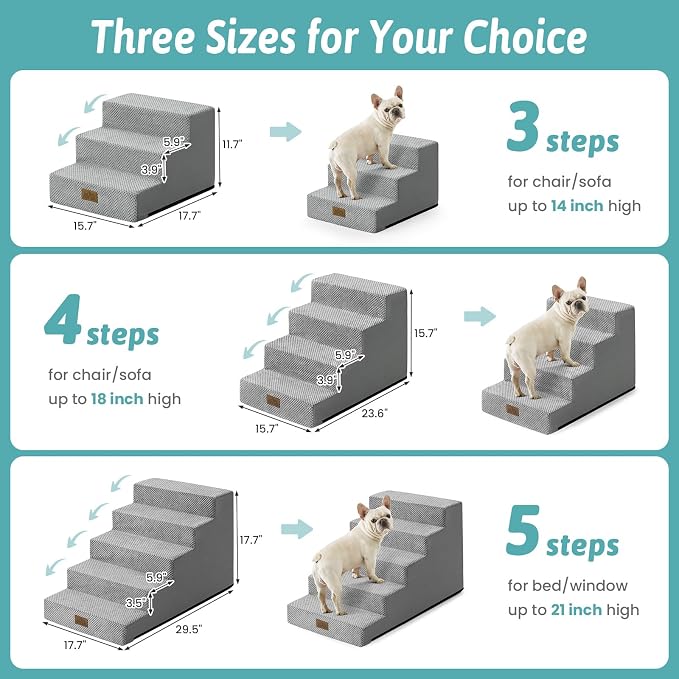 COZY KISS Dog Stairs for Small Dogs 17.7" H, 5 Step Gentle Incline Pet Step for Couch and Beds, Right-Angle Dog Ramp for Puppy Doggie Senior Cats, 17.7x29.5x17.7 Inch, Grey