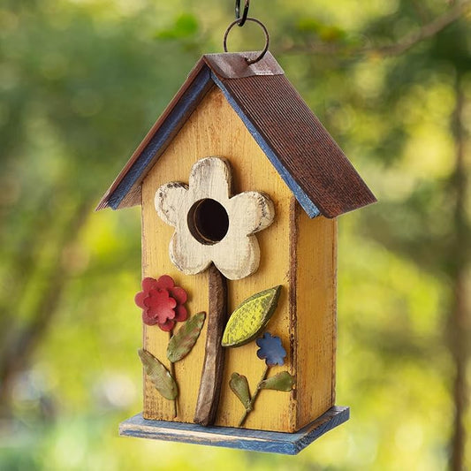 Glitzhome Bird Houses for Outside, 10.25" Wooden Bird House Hanging Birdhouse Distressed Flower Garden Bluebird House for Outdoor, Bird Nest Box for Bluebird Wren Chickadee Sparrow