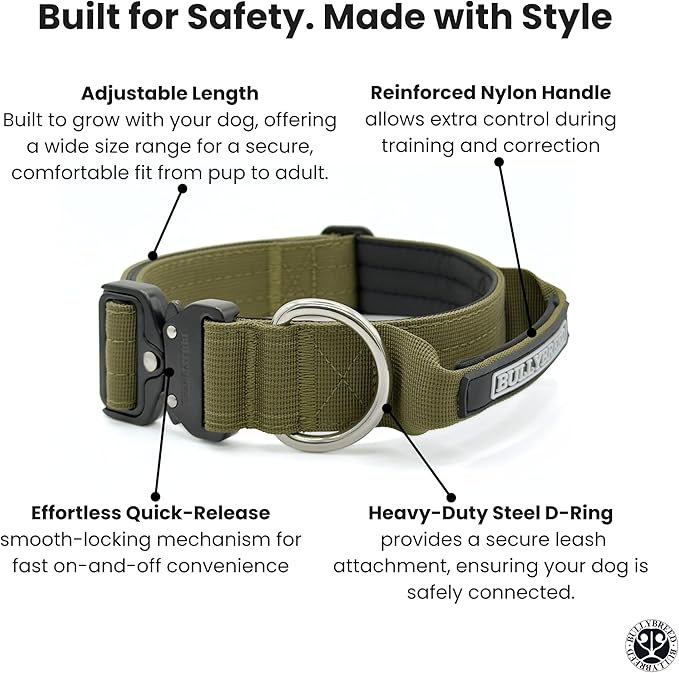 Heavy Duty Dog Collar, Tactical Dog Collar, Dog Collars for Medium Dogs, Waterproof Dog Collar, Dog Training Collar, Quick-Release Metal Buckle, Adjustable Sizes – BULLYBREED (Olive Green, Medium)