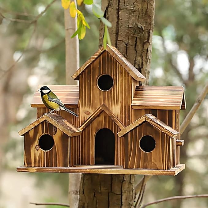 6 Hole Handmade Bird House, Bird Houses for Outside, Hummingbird House, Hanging Nest Box for Birds, Outdoor Wooden Birdhouses for Outside, Backyard, Garden, Patio, Nature Lovers Gift (1pcs)