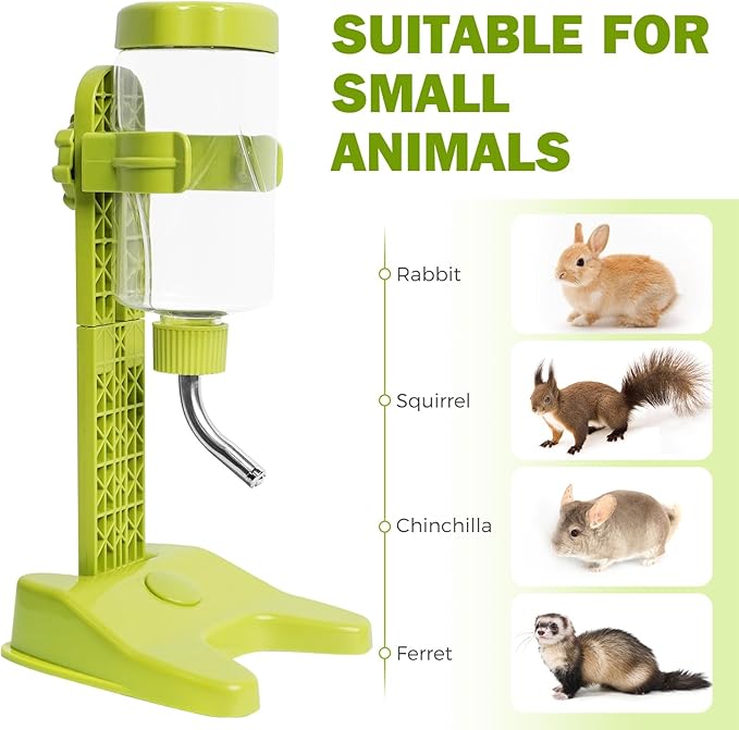 VANNON Pet Standing Water Dispenser Top Fill Dog Water Bottle Dispenser with Stand Leakproof Pet Slow Water Bottle for Small Animals, 13oz, BPA Free, Adjustable Height, Green