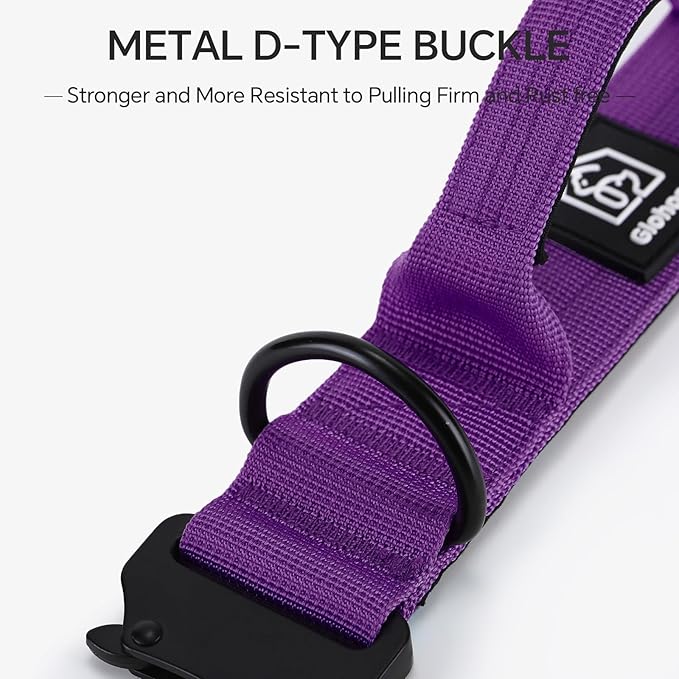 Tactical Thick Dog Collar, Adjustable Training Nylon Dog Collar, Heavy Duty Metal Buckle & Control Handle for Small Medium Large Dogs (L, Purple)