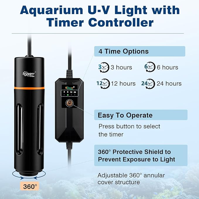 hygger 11W Aquarium U-V Light with Timer, 360° Protective Shield Clean Lamp for Green Water & Algae, Amphibian Small U-V Light for 60-180 Gal Freshwater & Saltwater Fish Tanks