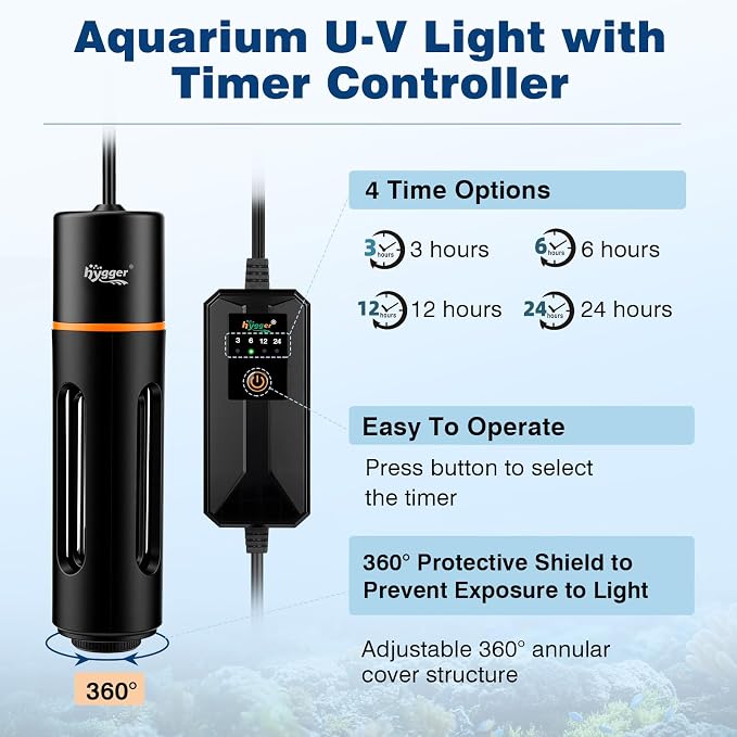 hygger 7W Aquarium U-V Light with Timer, 360° Protective Shield Clean Lamp for Green Water & Algae, Amphibian Small U-V Light for 30-130 Gal Freshwater & Saltwater Fish Tanks