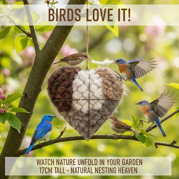 Handmade Fiber Bird Nesting Heart, Refillable Birds Haven 1 Heart Shape Hummingbird Nesting and 2 Bags of Nest Materials, Winter Fowl Gifts Animal Hummingbirds Lovers Home Garden Yard(1Set)