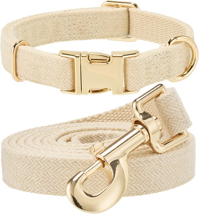 Luxury Soft Cotton Tweed Fabric Dog Collar & Leash Set with Gold Buckle – Durable Fabric, Stylish Design for Everyday Walks(Large Cream)