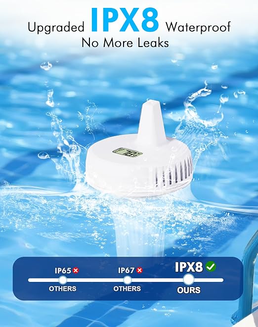 Pool Thermometer Floating Easy Read, IPX8 Waterproof Wireless Digital Thermometer with Indoor Thermometers for Swimming Pool, Spa, Aquarium, Cold Plunge, Hot Tub, Pond