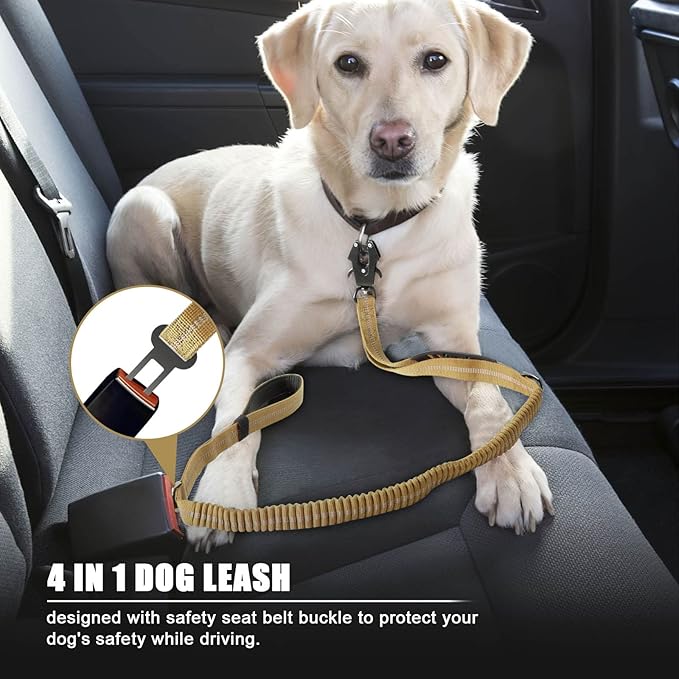 Raipult Tactical Dog Leash Heavy Duty, 4-6FT Shock Absorbing Bungee Leash with Quick Release Clip& 2 Handles, No Pull Waking Lead with Car Seatbelt for Medium Large Dogs that Pull,Khaki