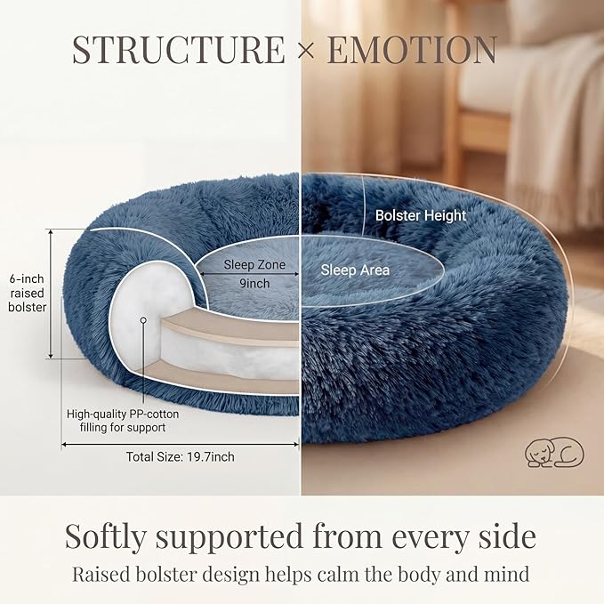 Calming Donut Dogs Beds for Small Dogs Washable,19inch Fluffy Round Puppy Bed for Puppies,Cats & Toy Breeds with Raised Rim,Fits up to 15 lbs Pets,Navy Blue
