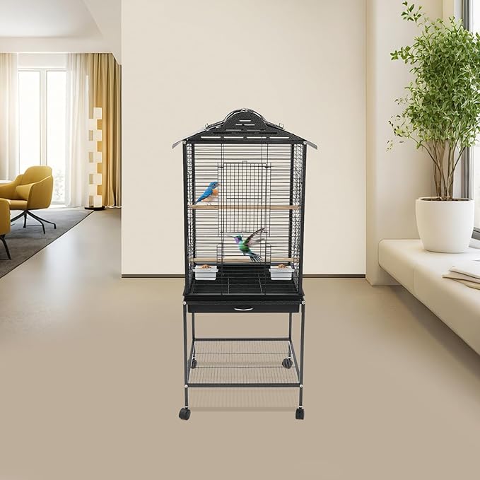 Large Playtop Bird Cage with Rolling Stand, 48 Inch Metal Frame Bird Habitat with Skylight Door & Pull-Out Tray for Cockatiel Budgie Lovebird Sun Conure