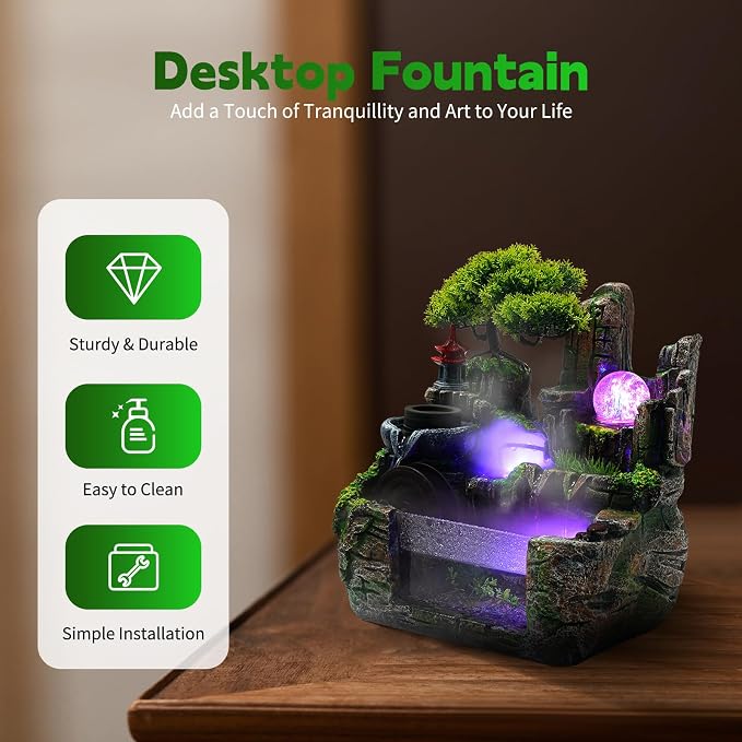 Tabletop Water fountainRockery Tabletop Fountain Indoor Waterfall | with an Atomizer Elaxation Water Feature Meditation with LED Light for Desktop Home Office Decor