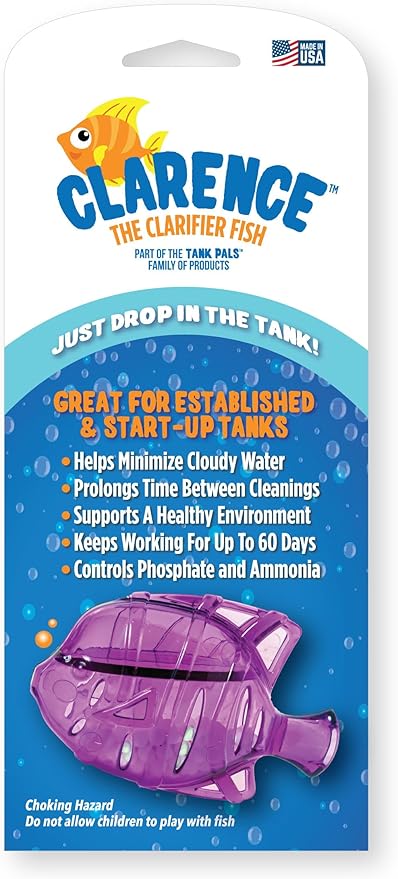 Clarence the Clarifier Fish - 3 pk, Purple - Aquarium Treatment, Clear Cloudy Fresh-Saltwater, Fish-Plant Safe, 10gal Tank Maintenance Each