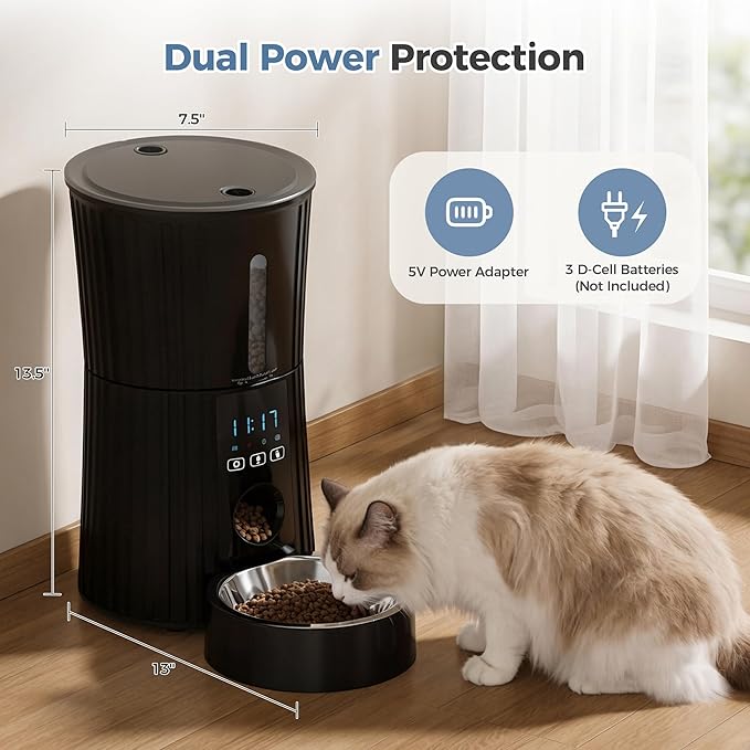 DUMOS 2.4G WiFi Automatic Cat Feeder, 4L Timed Cat Food Dispenser with APP Control, 10s Voice Recorder, Dual Power Supply, Indoor Programmable Pet Feeder with Desiccant for Small Cats and Dogs, Black