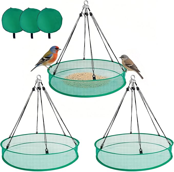 3PCS Bird Seed Catcher Tray 30 Inch Bird Seed Catcher Hanging Hoop Platform for Bird Feeders Includes S-Hooks, Adjustable Ropes & Portable Storage Pouch