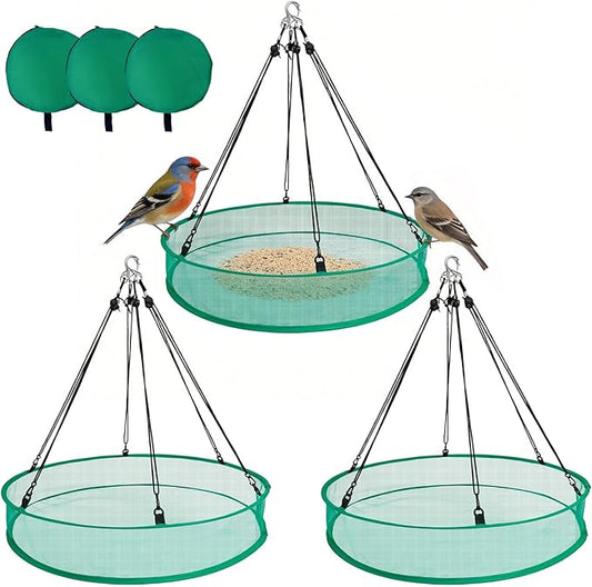 3PCS Bird Seed Catcher Tray 30 Inch Bird Seed Catcher Hanging Hoop Platform for Bird Feeders Includes S-Hooks, Adjustable Ropes & Portable Storage Pouch