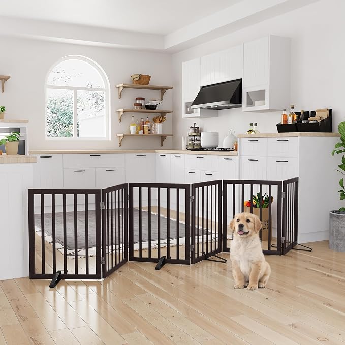 Semiocthome Bamboo Dog Gates for The House Extra Wide, 6-Panel Freestanding Pet Gates with 4PCS Metal Stands for Doorways and Stairs, 24“H Foldable Dog Fences Indoor, Expands Up to 110" (W) Espresso