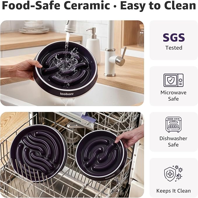 LOOBANI Ceramic Slow Feeder Dog Bowl 11.7" Width - for Large & Great Breeds, Slow Eating, Perfect for Great Danes, Saint Bernards & Mastiffs, Large Dogs (XL, Purple)