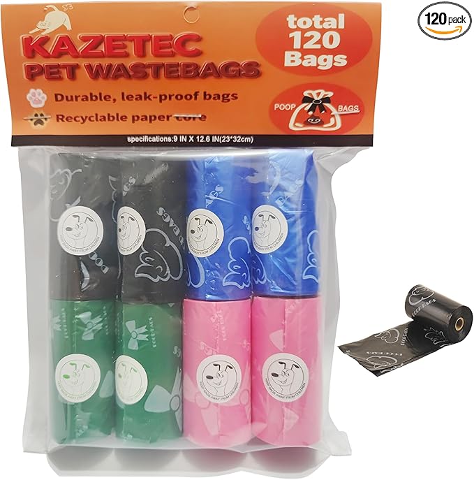 Biodegradable Pet Waste Bag Refill Roll, Heavy-Duty (120 Bags/8 Rolls/4 Colors) Unscented, Leak-Proof Design Eco-Friendly, Degradable Pet Waste Disposal Bags