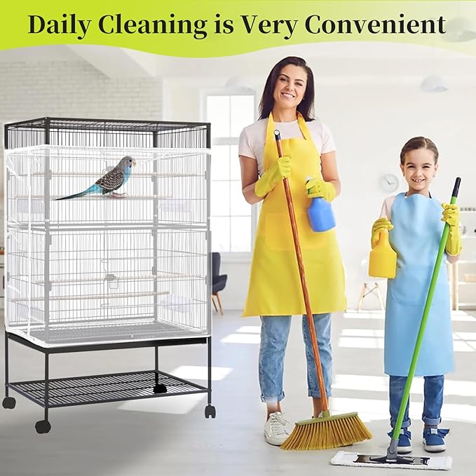 Daoeny 2PCS Bird Cage Seed Catcher, Large Bird Cage Cover, Adjustable Soft Airy Nylon Mesh, Birdcage Cover Skirt Seed Guard for Parrot Parakeet Macaw Round Square Cages (White & White)