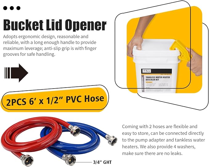 Tankless Water Heater Flushing Kit Includes 1/4HP Submersible Sump Pump with Two Adapters & 3 Gallons Pail with Bucket Lid Opener & Two 1/2” Dia X 6’ PVC Hoses with Washers
