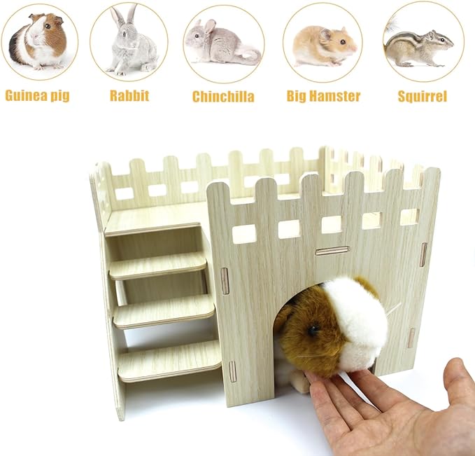 Amonk Hamster Hideout 10x8x7 inch Large Size Wooden House Wood Hut Habitats Decor with Climbing Ladder for Bunny, Chinchillas, Dwarf Rabbits, and Other Small Pet Animals