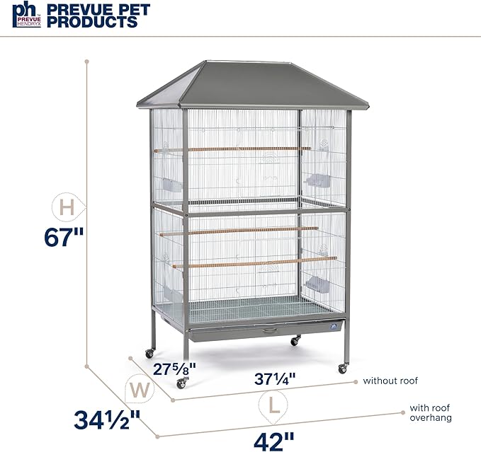 Prevue Pet Products Charming Aviary Jumbo Flight Cage - Large Metal Bird Cage with Rolling Stand, Perches, Feeders & Toy Bar, Ideal for Parakeets, Cockatiels, Lovebirds, Small & Medium Birds - Grey