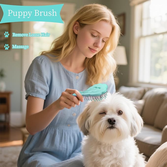 Cloud-Shaped Soft Bristle Small Dog Brush - Hollow Back Design for Easy Grooming - Ideal for Yorkie, Shih Tzu, Maltese Maltipoo Pomeranian- Puppy Essentials, Pet Hair Removal Essentials (Sky Blue)