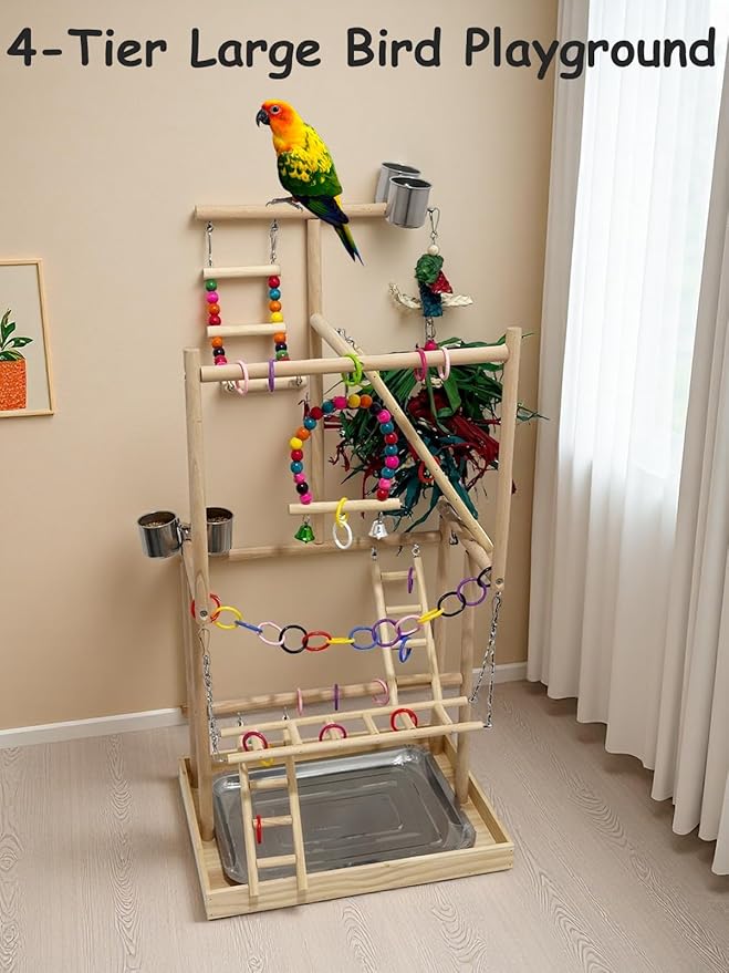 4-Tier Large Wooden Bird Playground with Trays Cups Ladder - Parrot Playstand, Birds Play Stand, Wood Perch Gym for Parrots Cockatiels - Durable Multi-Level Bird Activity Center