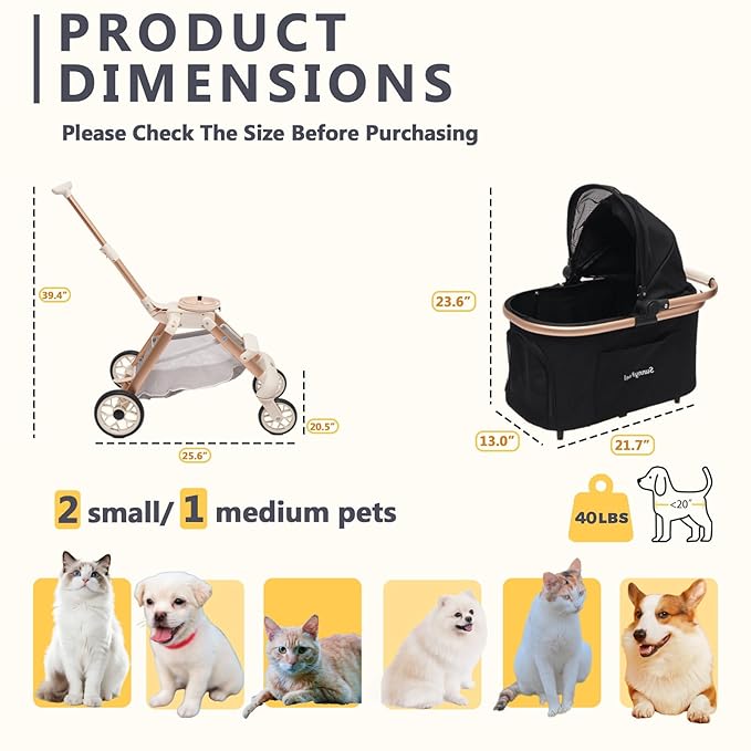 SUNNYFEEL Pet Stroller for Small Dogs and Cats, Aluminum Two-in-one Split, One-Click Foldable Dog Stroller, Holds up to 40 lbs, Storage Basket & Side Bag, Breathable Mesh, Black