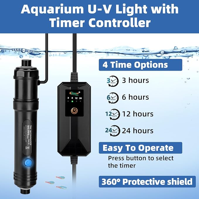hygger 9W Aquarium U-V Light with Timer, 360° Protective Shield Clean Light for Crystal Clear Green Water, Submersible Fish Tank Cleaner for 60–100 Gallon Freshwater & Saltwater Aquariums
