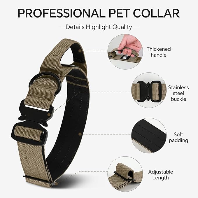 Tactical Thick Dog Collar, Adjustable Training Nylon Dog Collar, Heavy Duty Metal Buckle & Control Handle for Small Medium Large Dogs (L, Khaki)