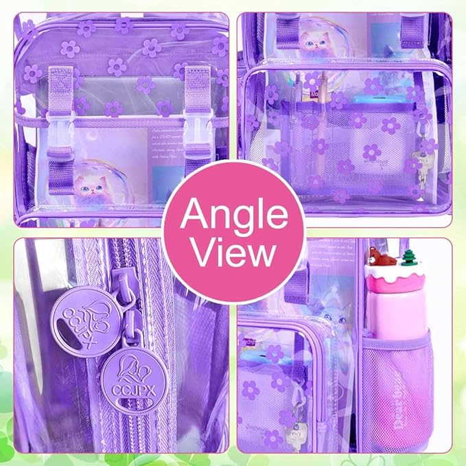 17" Plum Blossom Clear Backpack for Girls - 3Pcs Flip Design Stadium Approved Set, Campus/School Transparent Bookbag (Purple)